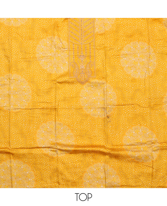 Yellow Material Chudidar Set, Accentuated with Bandhani Dot Printed and Embroidery on Rayon Top, a Rayon Bottom, and Paired with Contrast Intricately Printed Cotton Dupatta