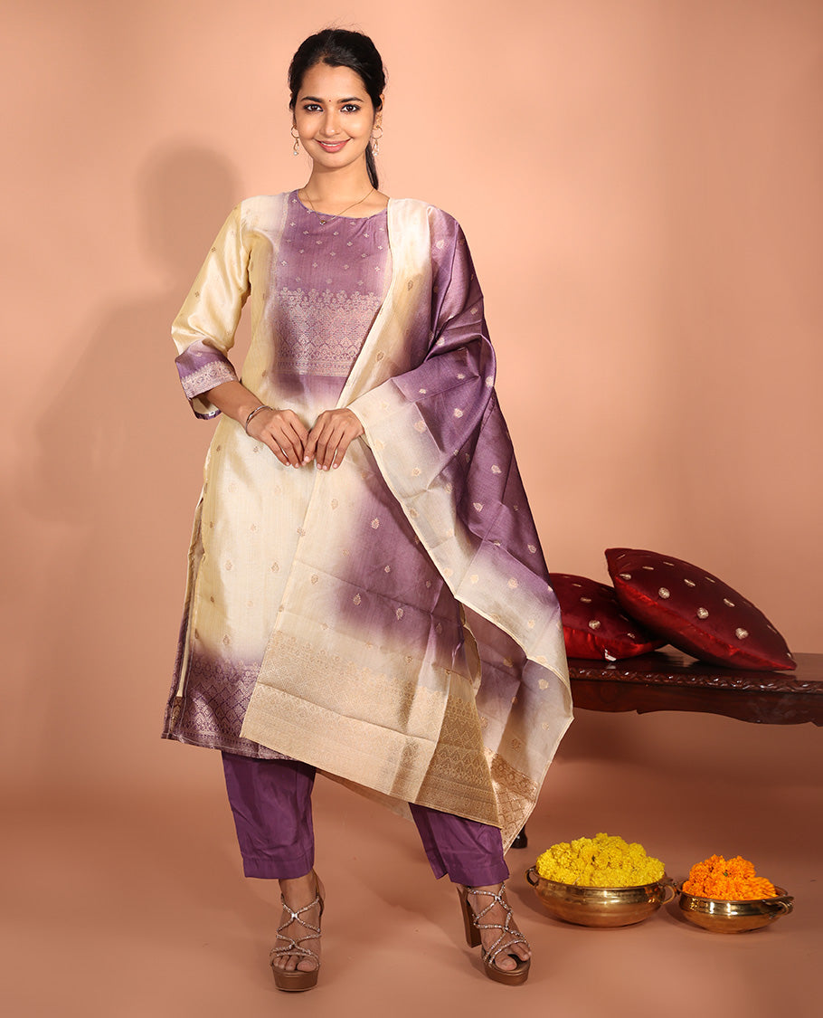 Cream Raw Silk Readymade Suit