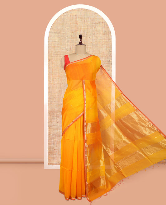 Orange Maheshwari Cotton Saree, Detailed with Zari Buttas, a Contrast Piping Zari Border, Pallu of Zari Design, and a Matching Blouse
