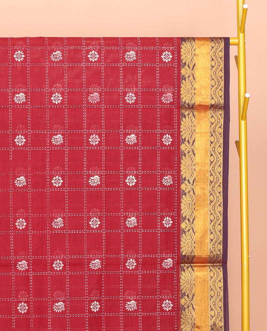 Crimson Red Venkatagiri Cotton Saree, Adorned with Butta Enclosed Checks, a Traditional Zari Border, a Floral-Print Pallu, and No Blouse