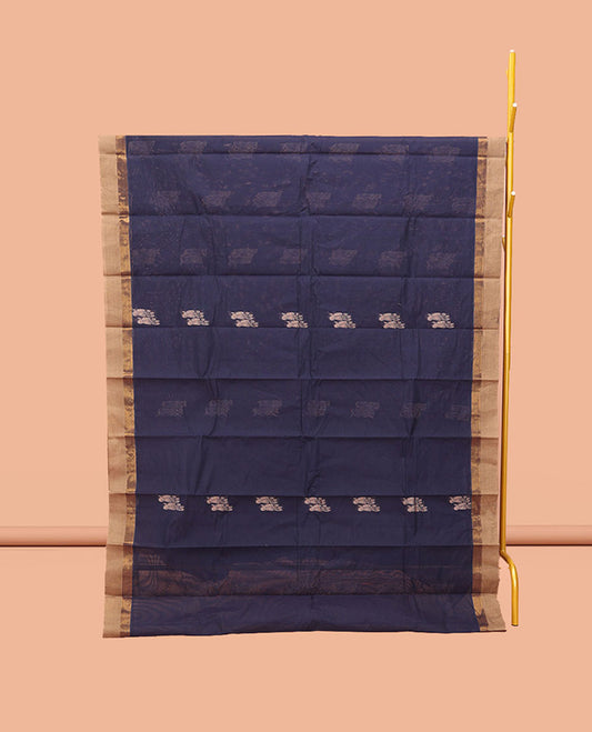 Navy Kanchi Cotton Saree, Adorned with Buttas, Complemented by a Contrast Border, Intricate Pallu, and a Matching Blouse