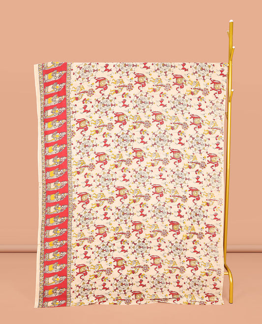 Light Sandal Machine-Printed Kalamkari Cotton Saree, Artfully Printed with Warli-Motifs on Its Body, Complemented by a Contrast Human Motifs Printed Border, Pallu of Lord Radha Krishnan Print, and Paired with a Printed Blouse