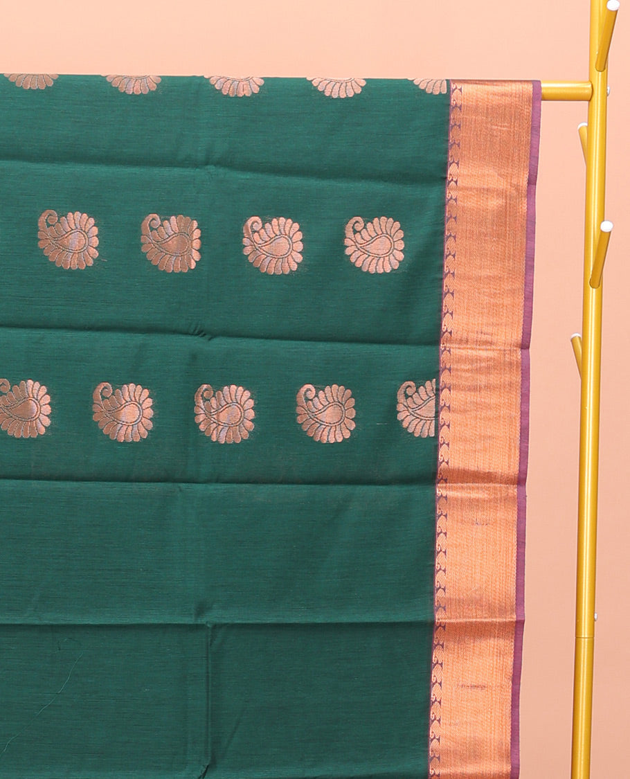 Green Semi-Silk Cotton Saree, Prettified with Paisley Buttas on Its Body, Complemented by Contrast Zari Border, Pallu Steeped with Paisley Designs, and Paired with a Matching Blouse