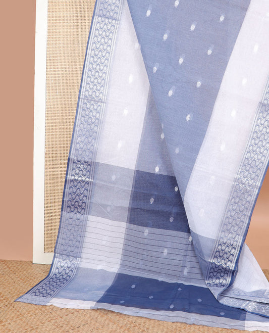 White with blue motifs bangal cotton saree with contrast floral design border & striped pallu