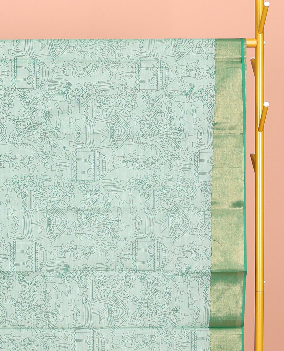 Green Andhra Cotton Saree, Mesmerized with Village-Themed Print, a Contrast Zari Border, a Pallu of Patola-Print, and a Matching Blouse
