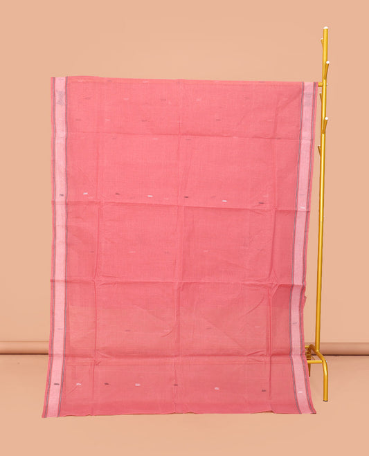 Pink Bengal Cotton Saree, Woven with Buttas, a Subtle Border, Pallu of Stripes, and a Matching Blouse