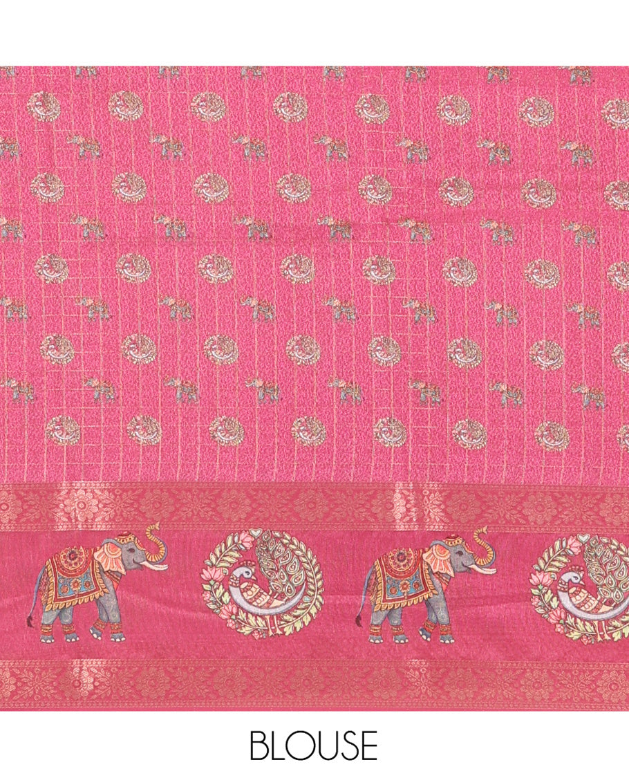 Chikku and Rani Moss-Chiffon Saree, Beautified with Checked Design and Round Peacock-Elephant Motifs Printed on Its Body, Complemented by Contrast Zari and Printed Border, Pallu of Round Peacock-Elephant Designs, and Paired with a Contrast Blouse