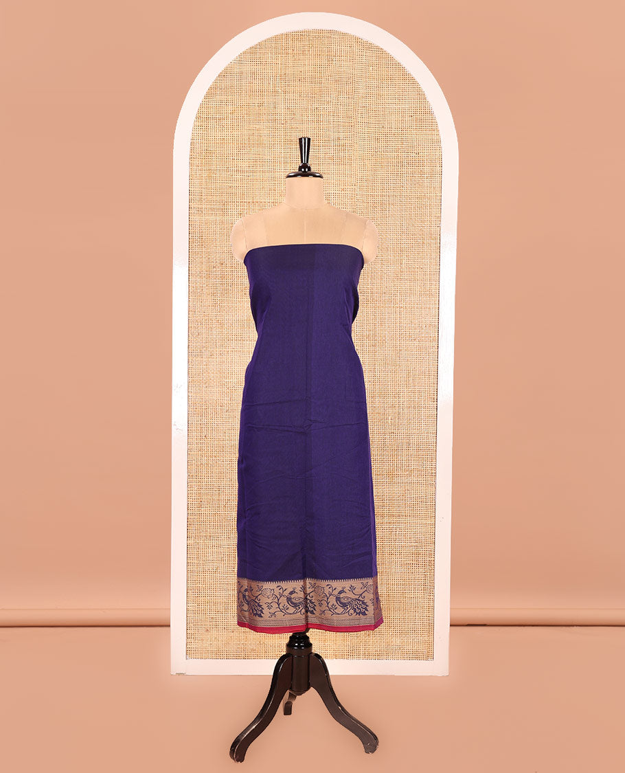 Blue Mercerised Cotton Material Churidar Set, Subtly Made Plain with Contrast Floral-Peacock Bordered Top, a Mercerised Cotton Bottom, and Paired with a Mercerised Cotton Peacock-Bordered Dupatta