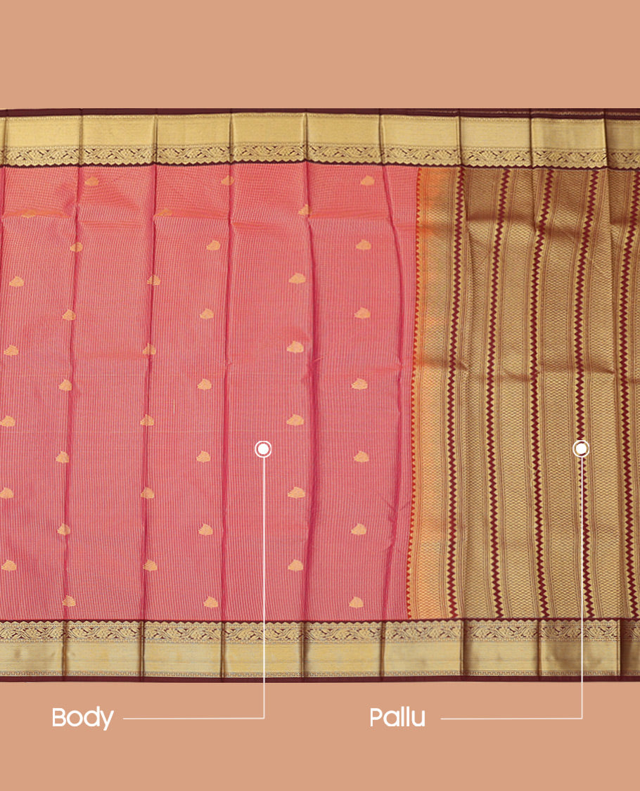 Red Budget Silk Saree, Elevated with Checks and Buttas, Complemented by Contrast Traditional Zari Border, a Grand Jaal Pallu and a Contrast Blouse