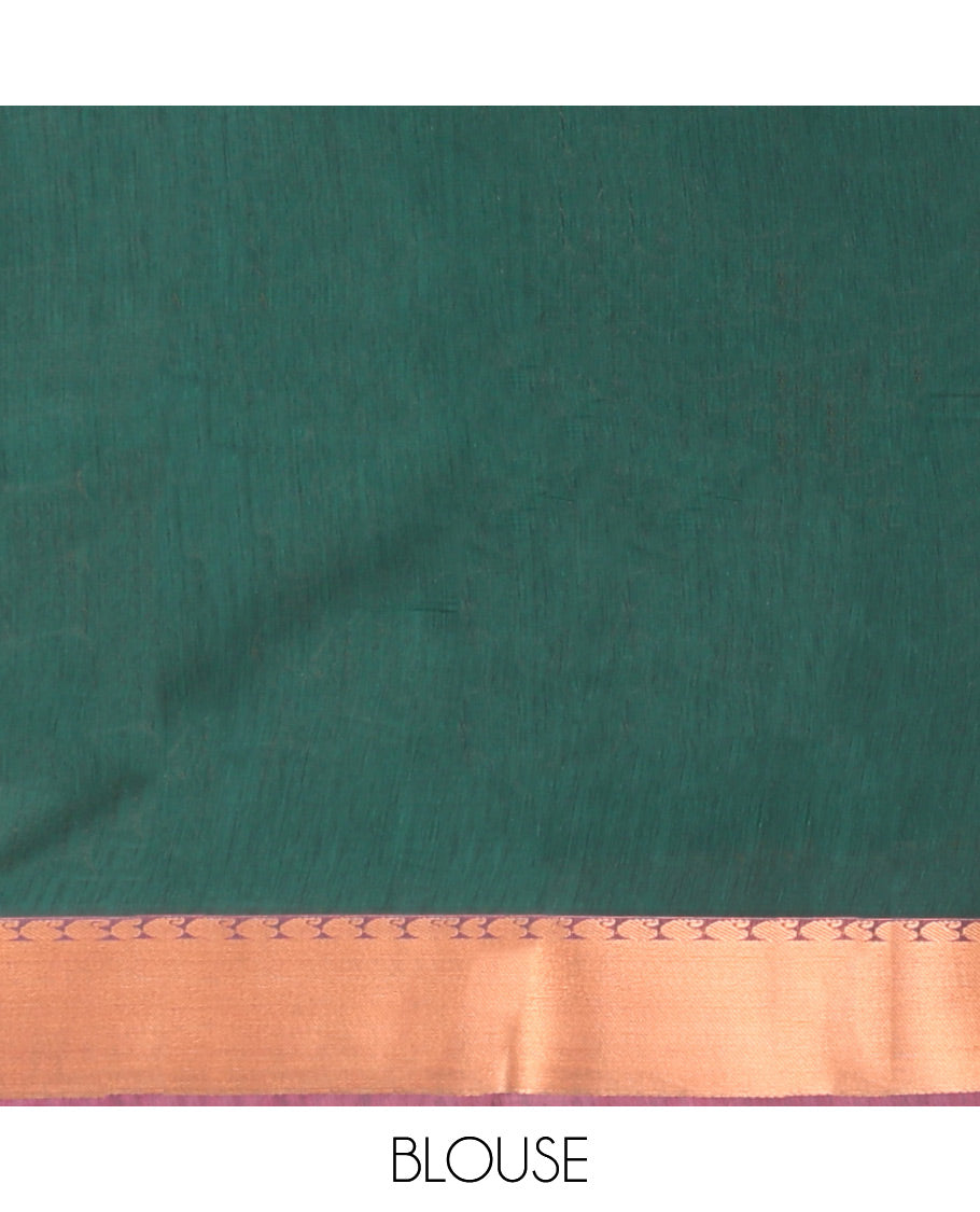 Green Semi-Silk Cotton Saree, Prettified with Paisley Buttas on Its Body, Complemented by Contrast Zari Border, Pallu Steeped with Paisley Designs, and Paired with a Matching Blouse