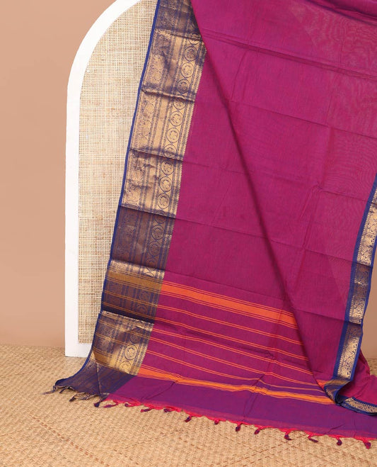 Pink chettinad cotton saree with contrast traditional zari design border & striped pallu