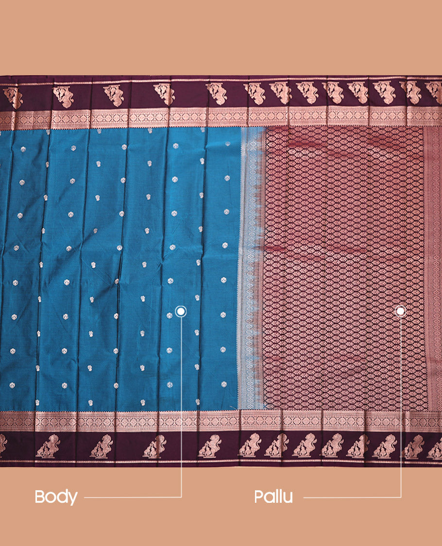 Blue Budget Silk Saree, Elevated with Zari Buttas, Complemented by a Contrast Traditional Zari Border of Singam Designs, Grand Pallu, and a Contrast Blouse