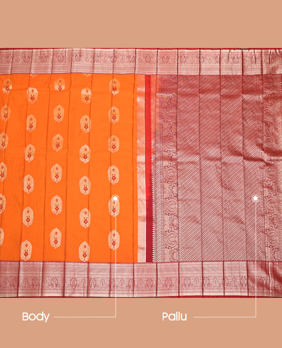 Orange Budget Silk Saree, Elegantly Bedecked with Zari Buttas, Complemented by a Contrast Traditional Zari Design Border, Grand Geometric Pallu, and Paired with a Contrast Blouse