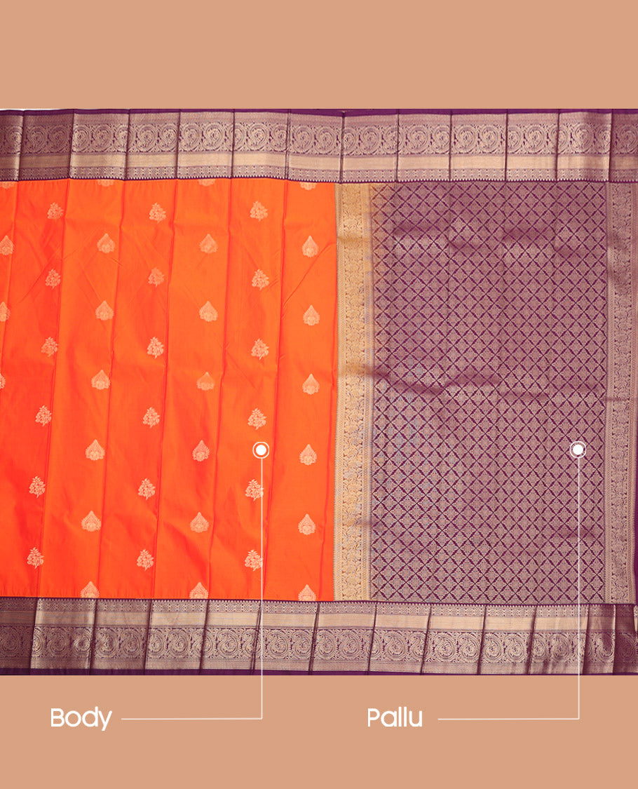 Orange Budget Silk Saree, Boldly Sparkled with Zari Buttas and Checks, Complemented by a Contrast Traditional Zari Border, Grand Pallu, and a Contrast Blouse