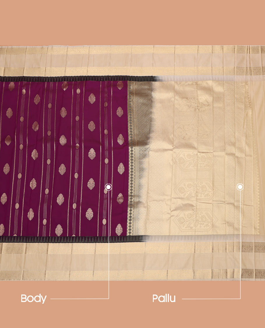 Purple Budget Silk Saree, Enlivened with Zari Buttas on Its Body, Complemented by a Contrast Traditional Zari Design Rettai Pettu Border, Grand Jaal Pallu, and Paired with a Contrast Blouse