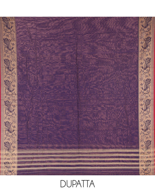 Blue Mercerised Cotton Material Churidar Set, Subtly Made Plain with Contrast Floral-Peacock Bordered Top, a Mercerised Cotton Bottom, and Paired with a Mercerised Cotton Peacock-Bordered Dupatta