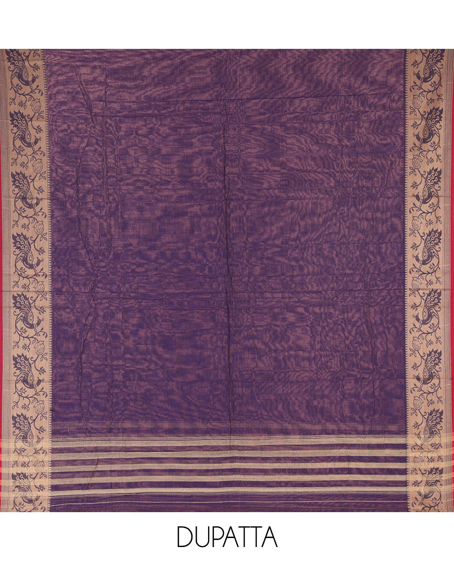Blue Mercerised Cotton Material Churidar Set, Subtly Made Plain with Contrast Floral-Peacock Bordered Top, a Mercerised Cotton Bottom, and Paired with a Mercerised Cotton Peacock-Bordered Dupatta