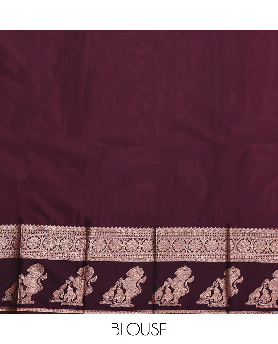 Blue Budget Silk Saree, Elevated with Zari Buttas, Complemented by a Contrast Traditional Zari Border of Singam Designs, Grand Pallu, and a Contrast Blouse