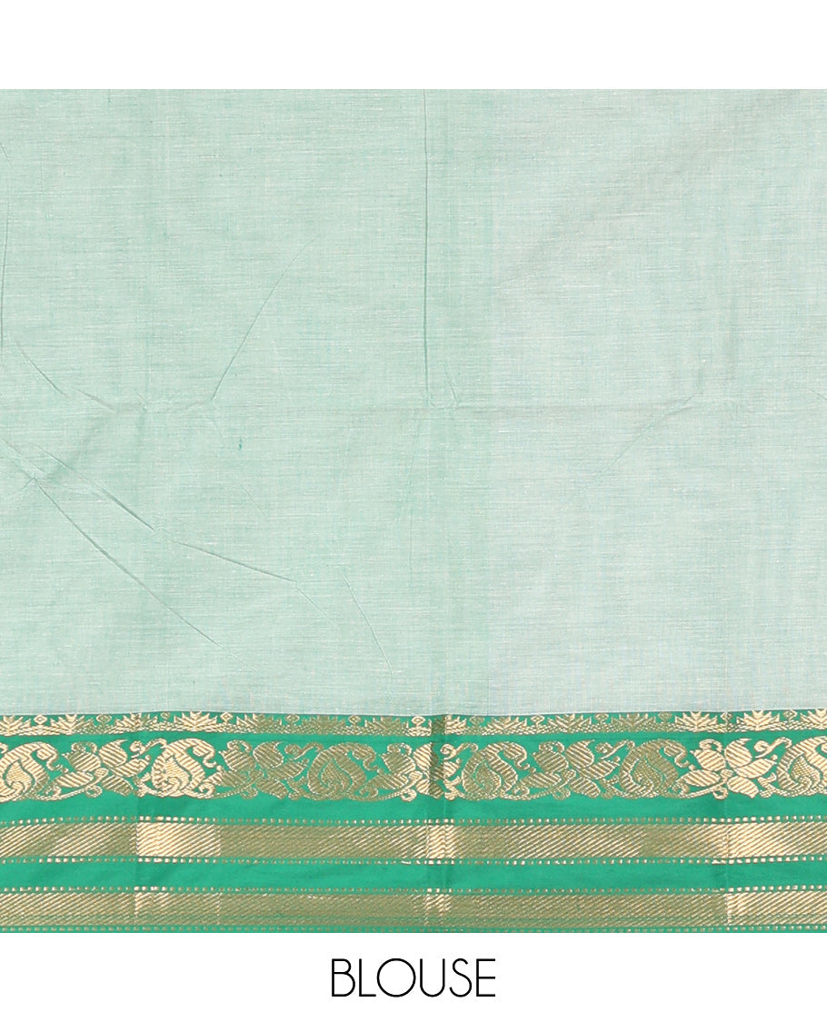 Green Andhra Cotton Saree, Mesmerized with Village-Themed Print, a Contrast Zari Border, a Pallu of Patola-Print, and a Matching Blouse