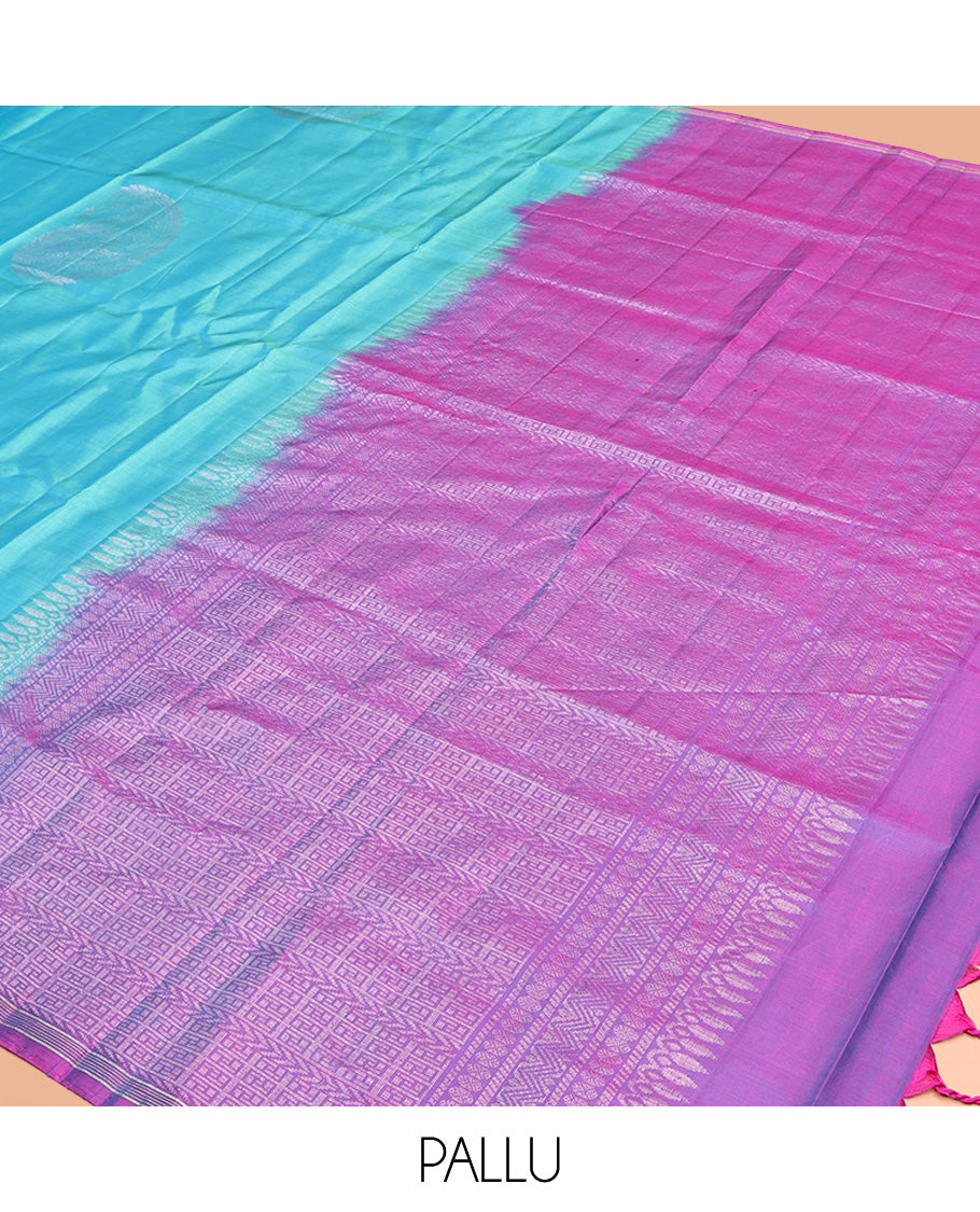 Blue Mayuri Lite Silk Mix Saree, Decorated with Arumbu Manga Buttas All Over Its Body, Highlighted by a Piping Border, Complemented by a Contrast Pallu of Intricate Designs, and Paired with a Contrast Blouse