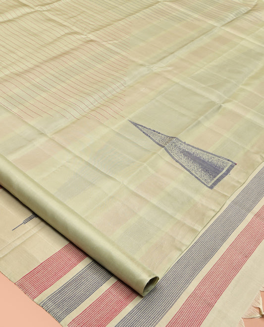 Borderless Pale Green Mayuri Lite Silk Mix Saree, Subtly Sparkled with Stripes and Temple Buttas All Over Its Body, Subtle Striped Pallu, and Paired with a Matching Blouse