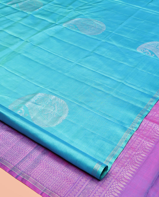 Blue Mayuri Lite Silk Mix Saree, Decorated with Arumbu Manga Buttas All Over Its Body, Highlighted by a Piping Border, Complemented by a Contrast Pallu of Intricate Designs, and Paired with a Contrast Blouse