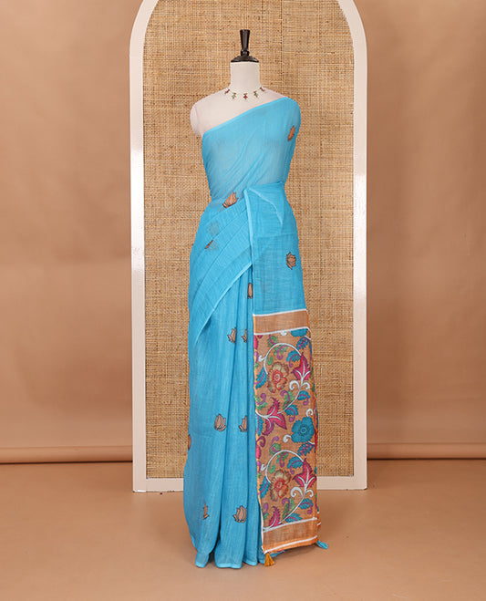 Borderless blue pichwai lotus printed linen saree, contrast kalamkari floral vine printed pallu & contrast kalamkari floral vine printed blouse