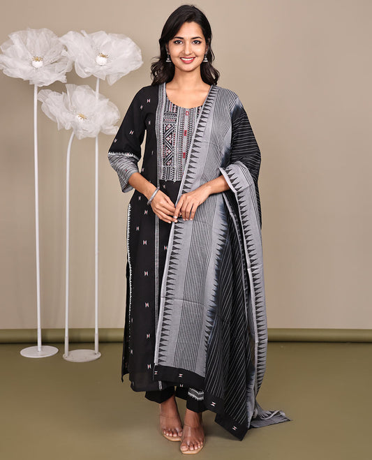 Black Ready-Made Cotton Suit, Delicately Woven with Geometric Weave, 3/4 Sleeves, and a Straight-Cut Top, Paired with Straight-Cut Pants and a Contrast Temple and Striped Dupatta