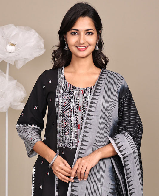 Black Ready-Made Cotton Suit, Delicately Woven with Geometric Weave, 3/4 Sleeves, and a Straight-Cut Top, Paired with Straight-Cut Pants and a Contrast Temple and Striped Dupatta