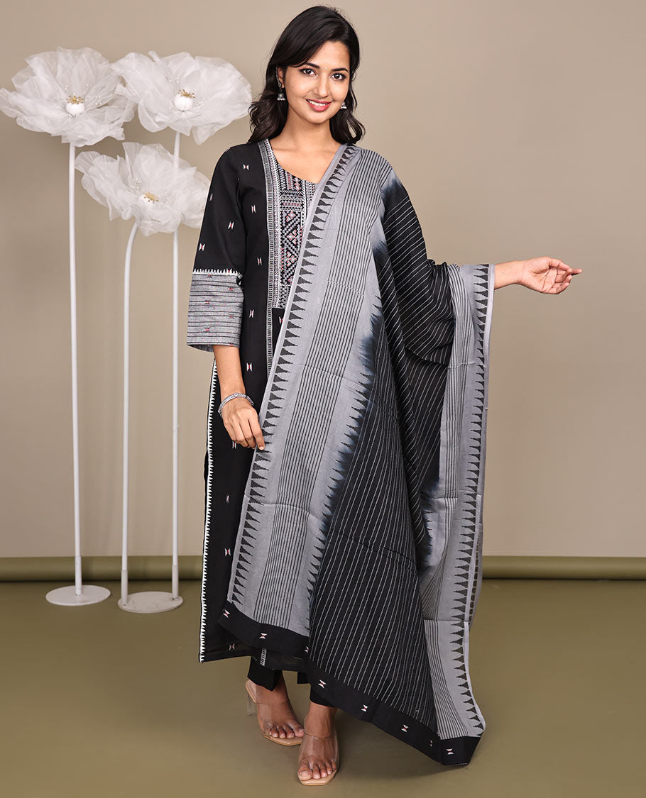 Black Ready-Made Cotton Suit, Delicately Woven with Geometric Weave, 3/4 Sleeves, and a Straight-Cut Top, Paired with Straight-Cut Pants and a Contrast Temple and Striped Dupatta