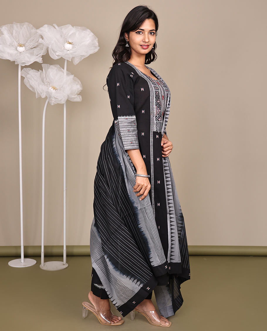 Black Ready-Made Cotton Suit, Delicately Woven with Geometric Weave, 3/4 Sleeves, and a Straight-Cut Top, Paired with Straight-Cut Pants and a Contrast Temple and Striped Dupatta