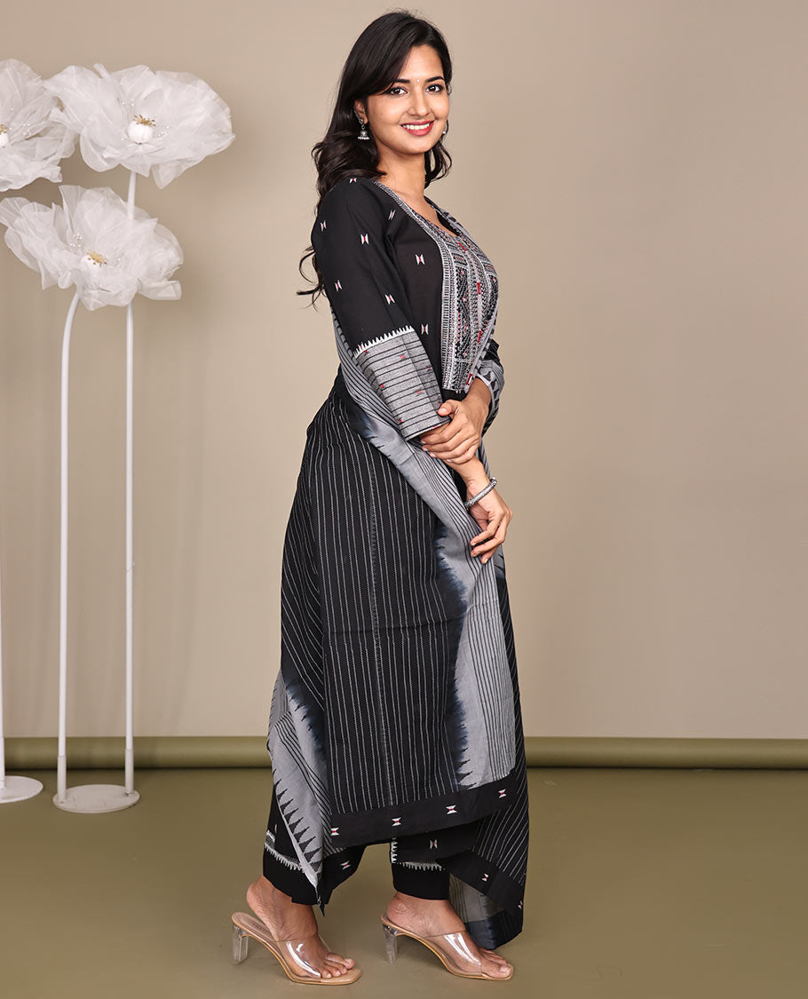 Black Ready-Made Cotton Suit, Delicately Woven with Geometric Weave, 3/4 Sleeves, and a Straight-Cut Top, Paired with Straight-Cut Pants and a Contrast Temple and Striped Dupatta