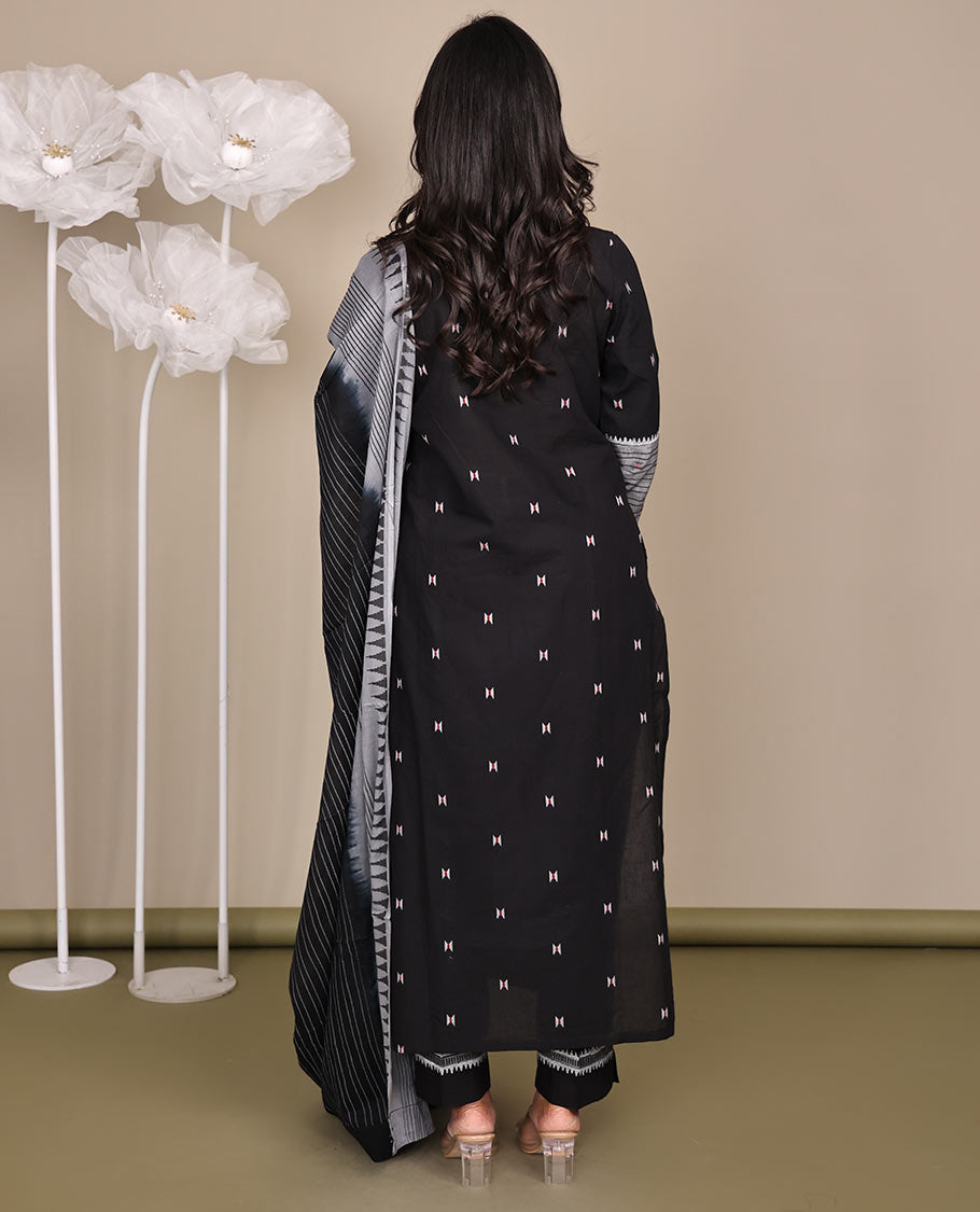 Black Ready-Made Cotton Suit, Delicately Woven with Geometric Weave, 3/4 Sleeves, and a Straight-Cut Top, Paired with Straight-Cut Pants and a Contrast Temple and Striped Dupatta