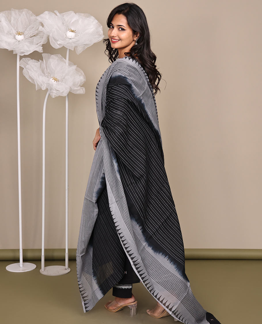 Black Ready-Made Cotton Suit, Delicately Woven with Geometric Weave, 3/4 Sleeves, and a Straight-Cut Top, Paired with Straight-Cut Pants and a Contrast Temple and Striped Dupatta