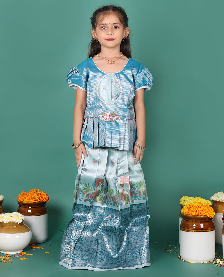 Blue readymade art silk pavadai, printed & contrast traditional border skirt, & jacquard puff-sleeve round-neck blouse