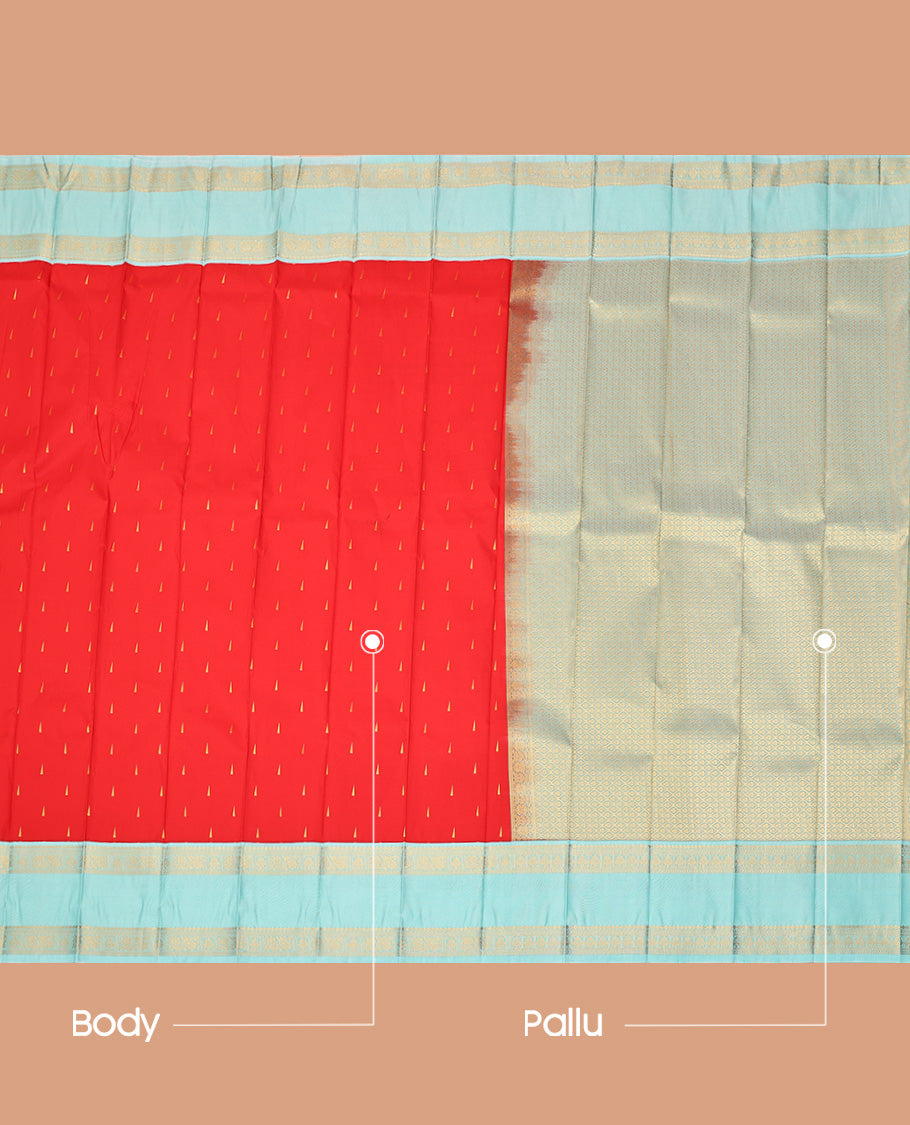 Red Budget Silk Saree, Adorned with Zari Buttas All Over Its Body, Complemented by Contrast Traditional Zari Designs Woven Rettai Pettu Border, Grand Jaal Pallu and Paired with a Contrast Blouse