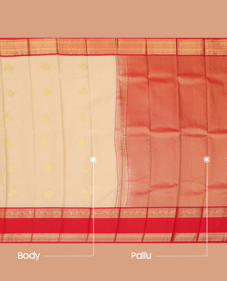 Sandal Budget Silk Saree, Sparsely Threaded with Zari Buttas, a Contrast Traditional Zari Rettai Pettu Border, Grand Pallu, and a Contrast Blouse