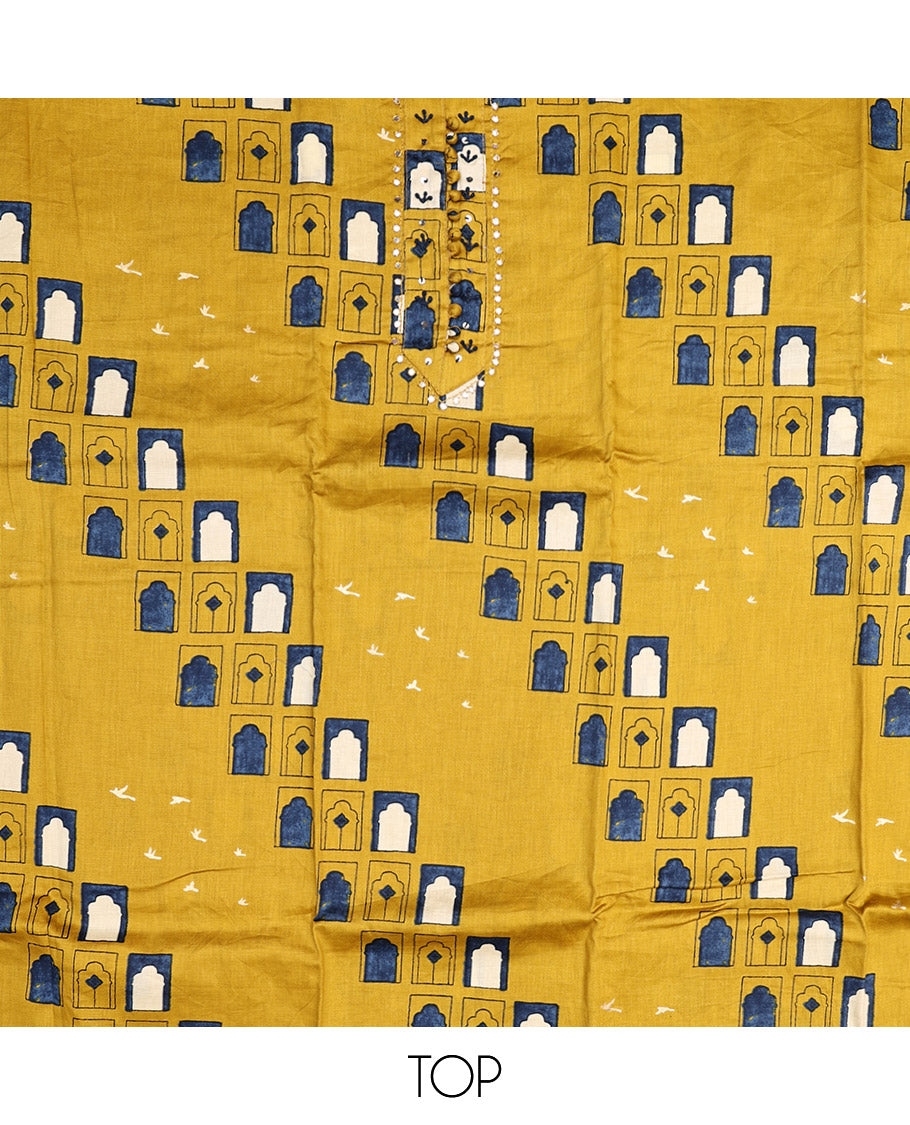 Yellow Material Chudidar Set, Creatively Printed with Mughal-Style Arches Printed Rayon Top, a Plain Rayon Bottom, and Paired with a Mughal-Style Arches Printed Cotton Dupatta