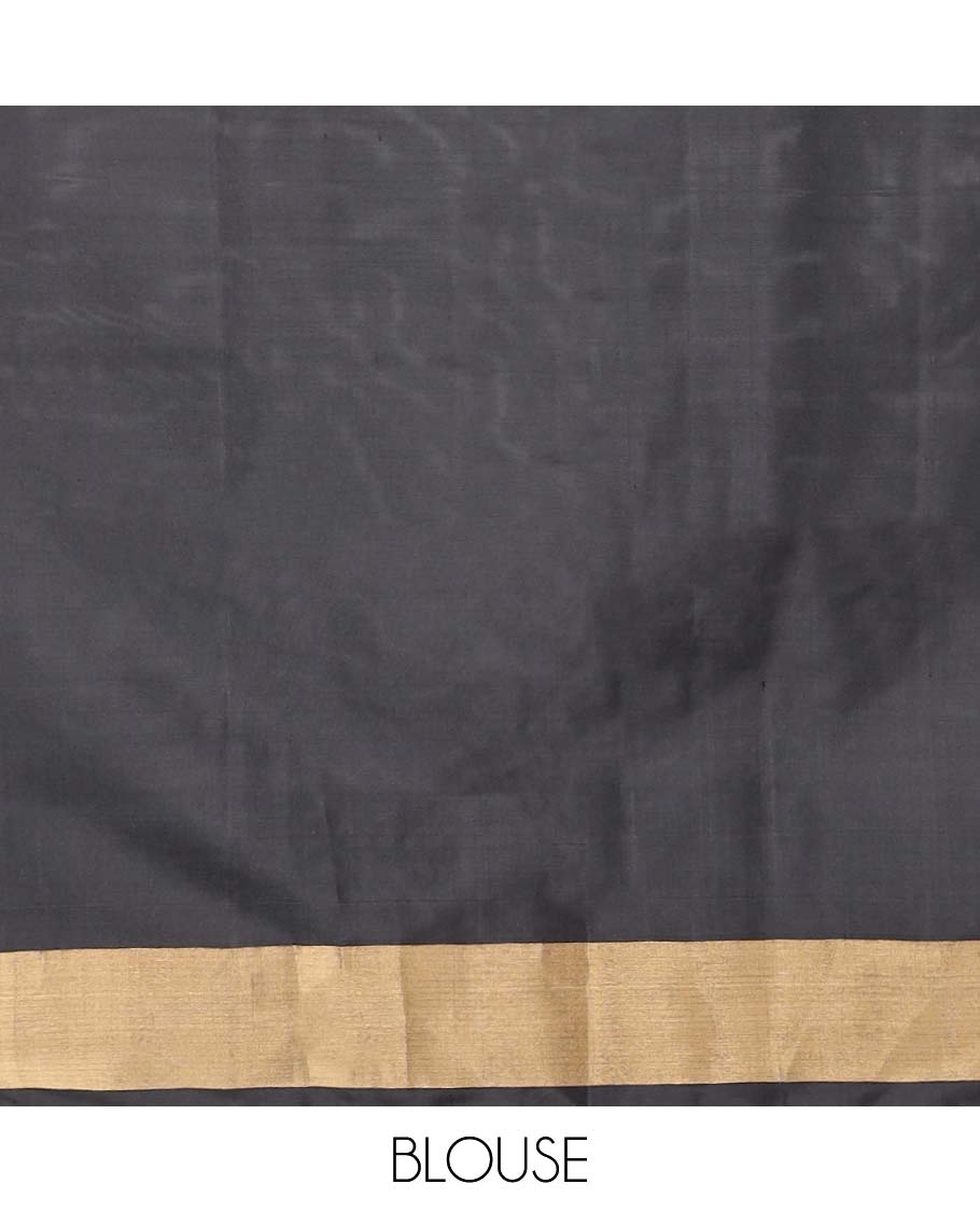 Green leaf buttas soft silk saree with contrast zari border & geometric design pallu