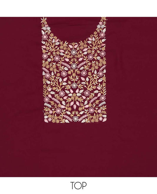 Maroon chudidhar material set floral embroidered top, plain bottom & floral design dupatta
