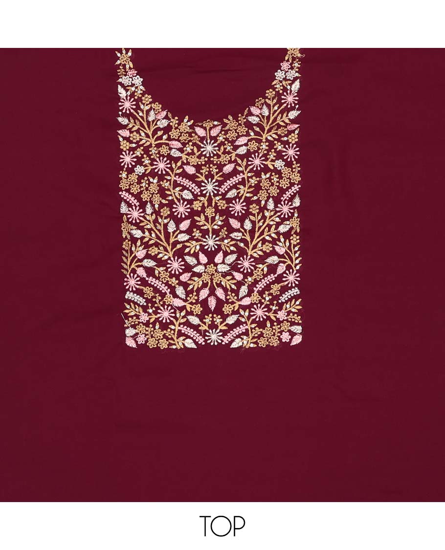 Maroon chudidhar material set floral embroidered top, plain bottom & floral design dupatta
