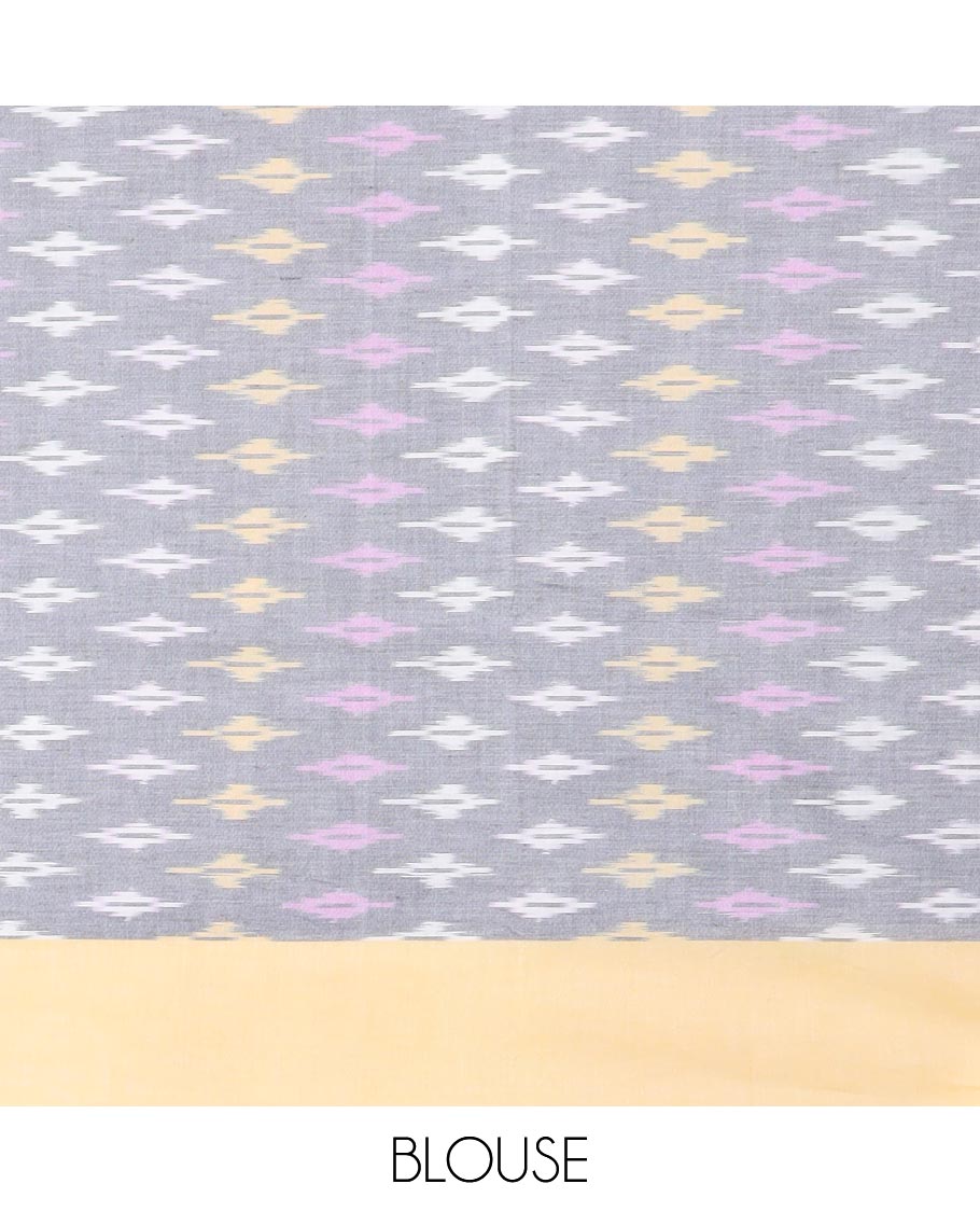 Grey geometric design ikkat cotton saree with contrast border & intricate design pallu