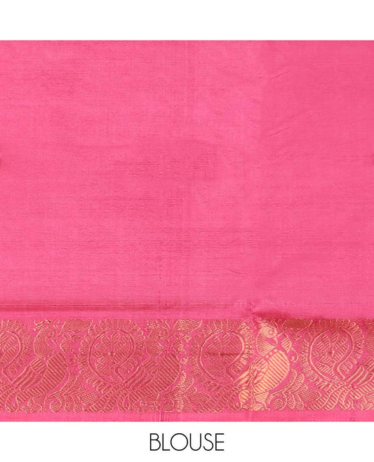 Orange floral motifs banana pith saree with contrast zari border & striped , floral motifs pallu