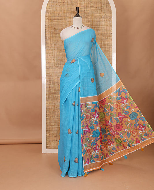 Borderless blue pichwai lotus printed linen saree, contrast kalamkari floral vine printed pallu & contrast kalamkari floral vine printed blouse