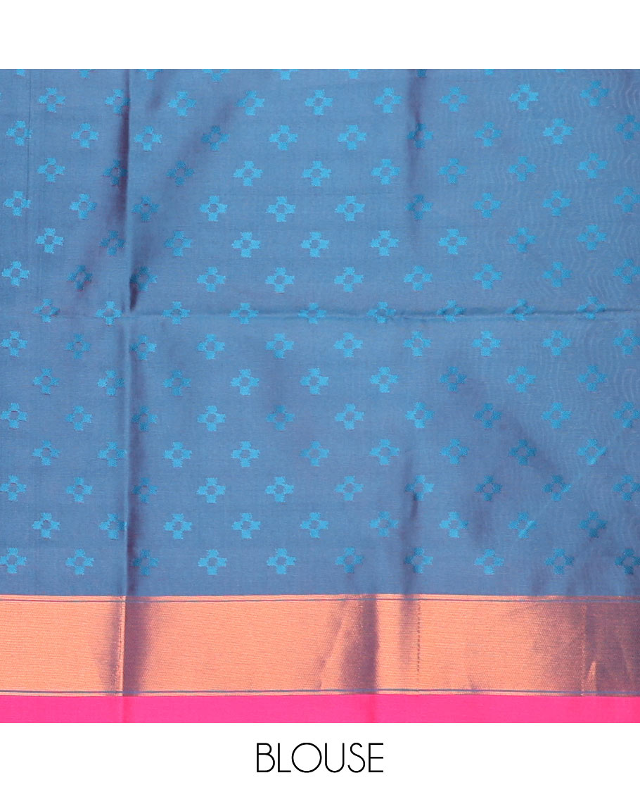 Blue floral motifs butter silk saree with contrast zig zag striped border & geometric motifs pallu