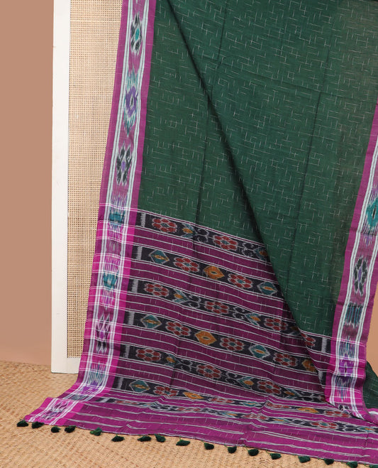 Green checked design ikkat cotton saree with floral design border & floral design pallu