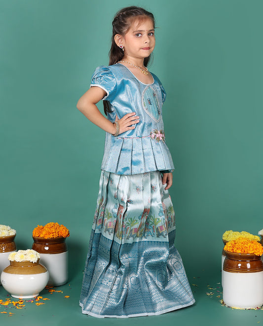 Blue readymade art silk pavadai, printed & contrast traditional border skirt, & jacquard puff-sleeve round-neck blouse