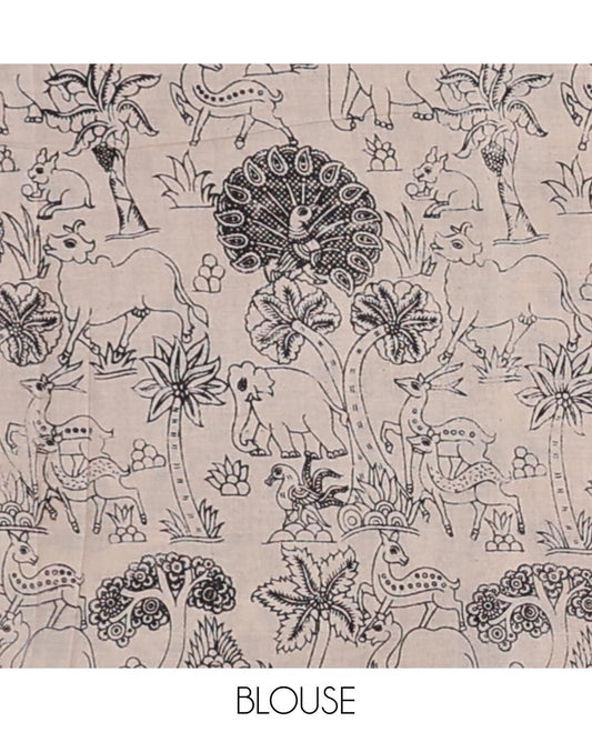 Black forest theme design machine-printed kalamkari cotton saree with floral design border & elephant design pallu