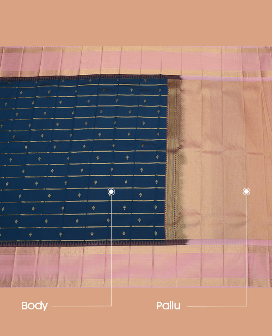 Blue Budget Silk Saree, Ornamented with Zari Buttas and Stripes, a Contrast Traditional Zari Temple Border, Grand Pallu, and a Contrast Blouse