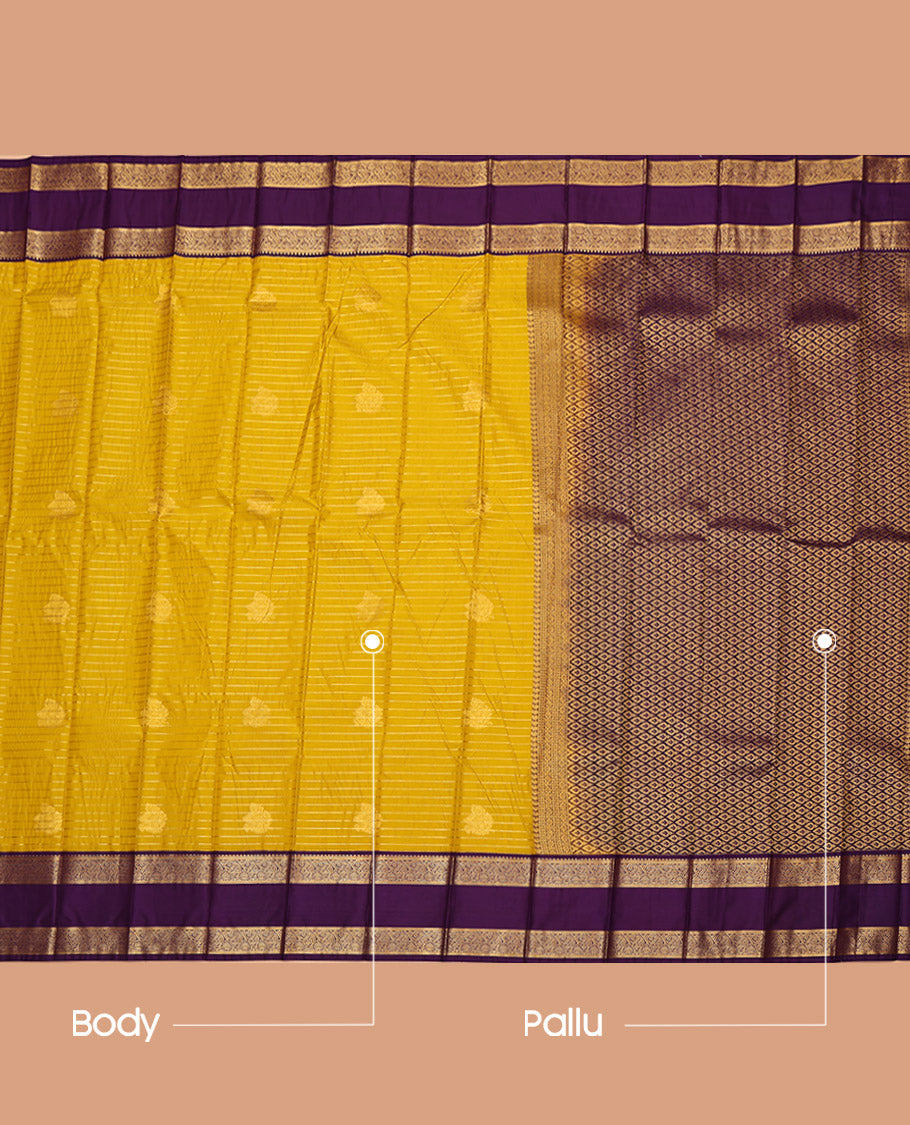 Yellow Budget Silk Saree, Subtly Sparkled with Zari Buttas and Stripes on Its Body, Complemented by a Contrast Traditional Zari Design Border, Grand Jaal Pallu, and Paired with a Contrast Blouse